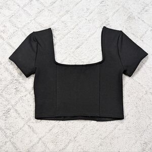 Revolve NBD Top Women's XS Black Ode Crop Square Neck Short Sleeves Form Fit 